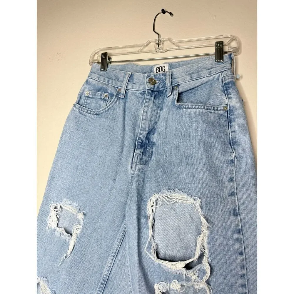 BDG 26x27 High Rise Baggy Blue Distress Jeans Button Zip Straight Flare Button - Picture 7 of 14